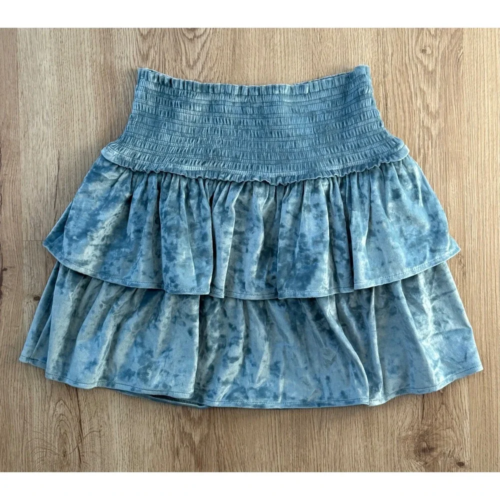 Aerie Velvet Smocked Tiered Thrills & Frills Pull‎ On Mini Skirt Teal Size Small